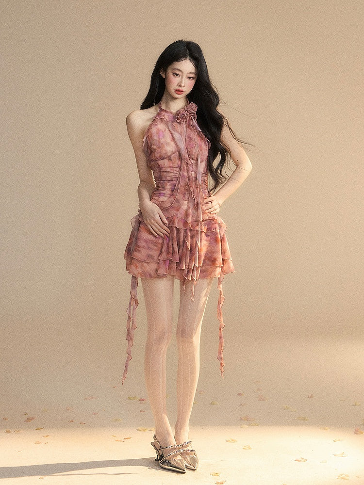 Brick Red Halter Neck Ruffled Hem Tiered Skirt Dress Glamorous