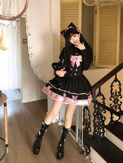 Schwarz-rosa Katzenohren Schleife Akzente Basken Taille Süßes Kleid Lolita Pullover Rock