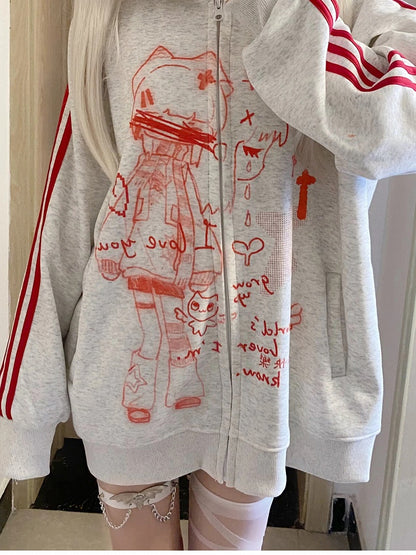 Cartoon Jacket with Striped Graphics Red Regular/Thicken White