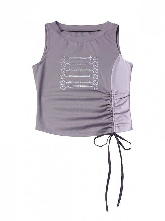 Kawaii Dusty Purple Star Motif Tank Top with Drawstring Accent, Vibrant Style - PINK SAVIOR