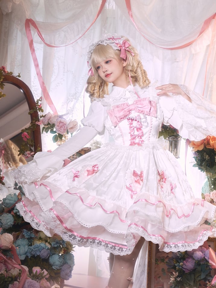 White and Pink Bowknot Details Tiered Skirt Sweet Lolita Dress Jumper Skirt