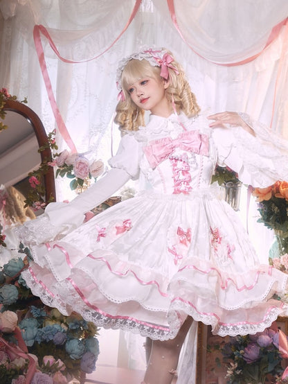 White and Pink Bowknot Details Tiered Skirt Sweet Lolita Dress Jumper Skirt