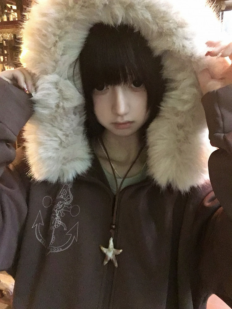 Necklace Fur-Collar Casual Starfish Anchor-Print Hoodie with Jirai Kei Zip Coffee