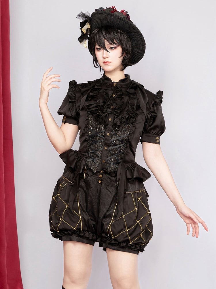 Accents Black Sleeves Shirt Short Ruffle with Ouji Lolita Gothic