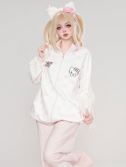 ブラック/ピンク/ライトブルーのキティ柄 ジップアップ スウェットシャツ