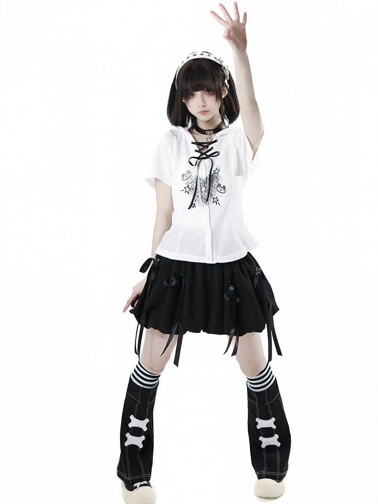 White Frog Lace-up Neckline Front Button Placket T-shirt Cute Print Hooded Waffle