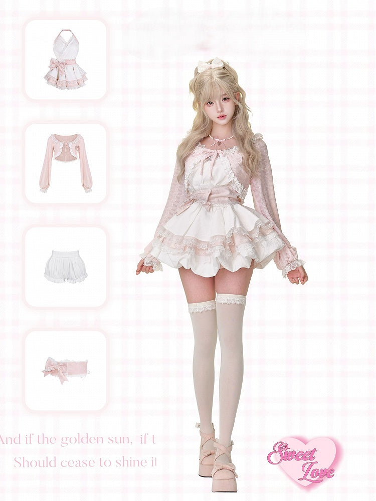 Trim Pink Lace Balloon Cardigan Sleeves Embroidery Cat Long and with