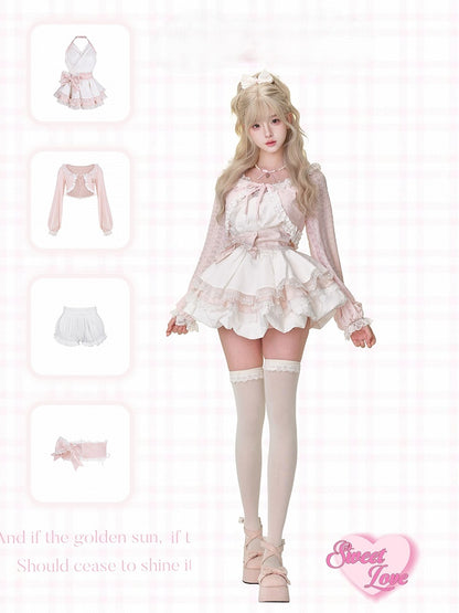 Trim Pink Lace Balloon Cardigan Sleeves Embroidery Cat Long and with