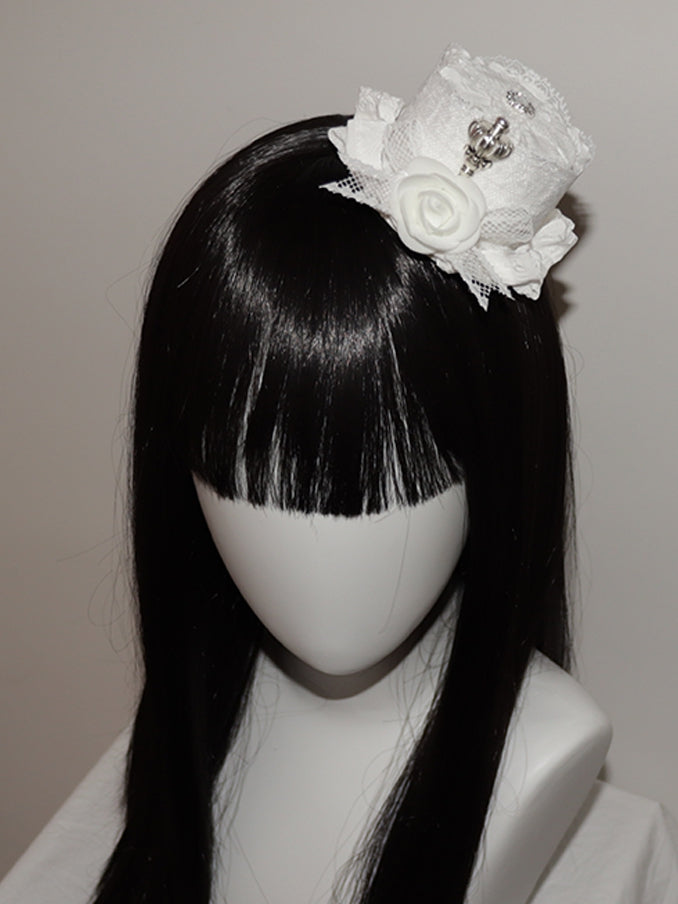トリムクラウンハット ホワイト装飾デザイン レース 蝶結び 花柄 ミニディテール