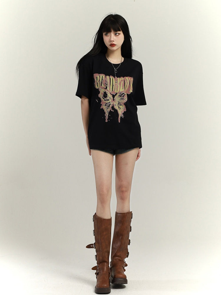 ダークグレー/ブラウン/ブラック/ホワイト バタフライプリント ヴィンテージ ルーズTシャツ