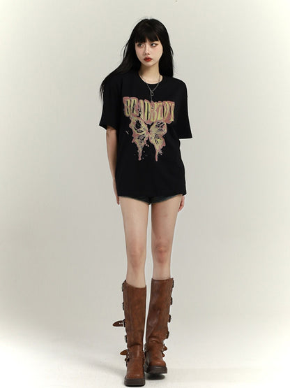 ダークグレー/ブラウン/ブラック/ホワイト バタフライプリント ヴィンテージ ルーズTシャツ