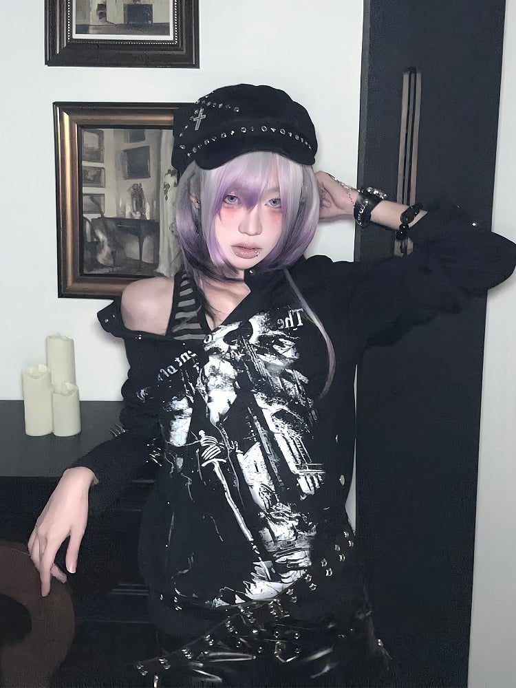 Y2K Black Silver Half-button Pattern Subculture Top Buttons with