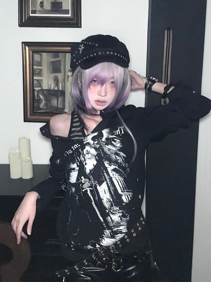 Y2K Black Silver Half-button Pattern Subculture Top Buttons with
