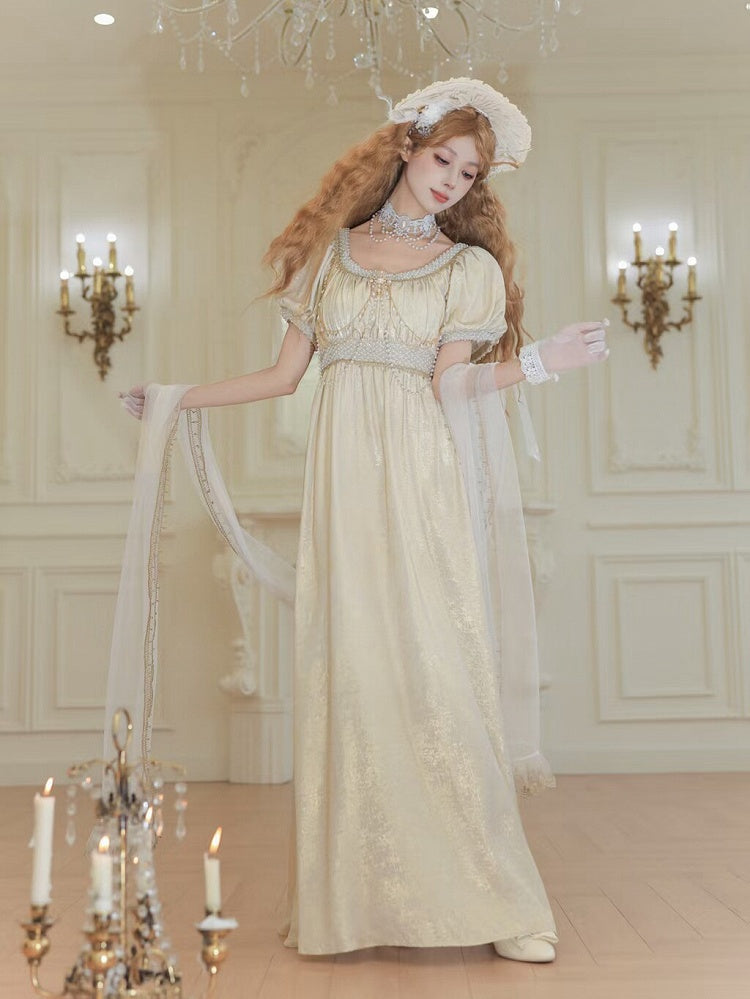 Champagne Empire Waist Lolita OP Dress with Beadwork - Qian Mu