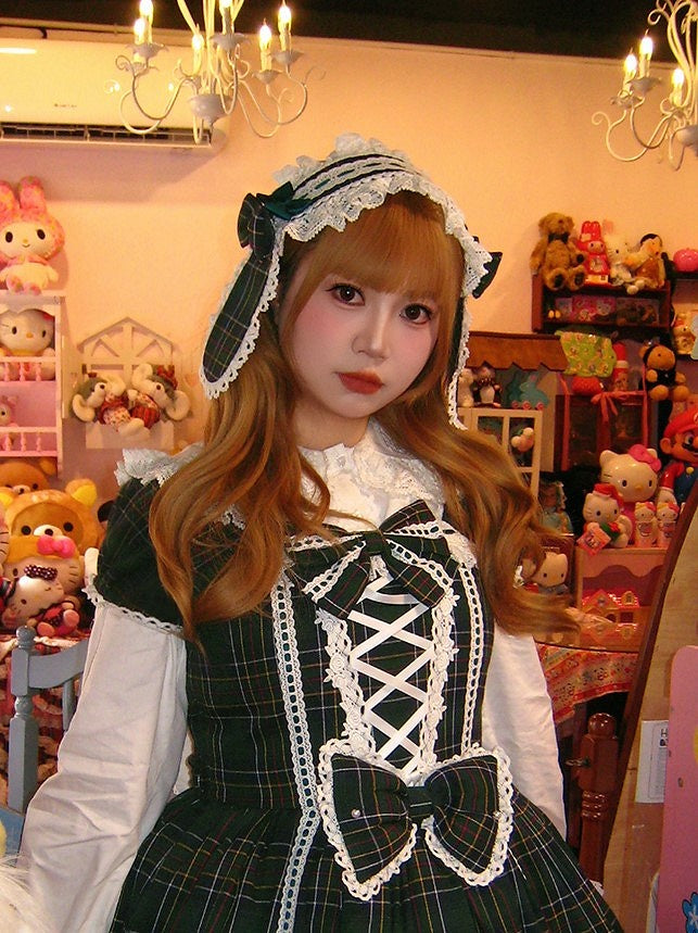Lolita Bow with Hairband Accents Bunny Ears Lace Plaid and Red/Green