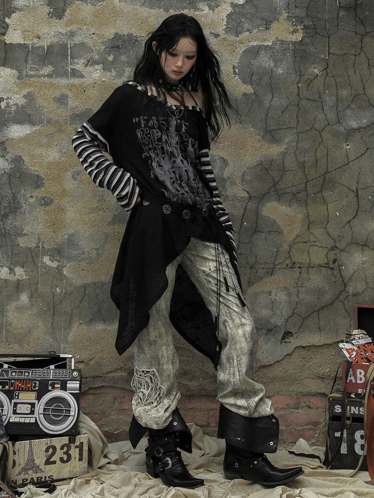 ブラックホワイトゴシックパンクレターズアシンメトリートップス