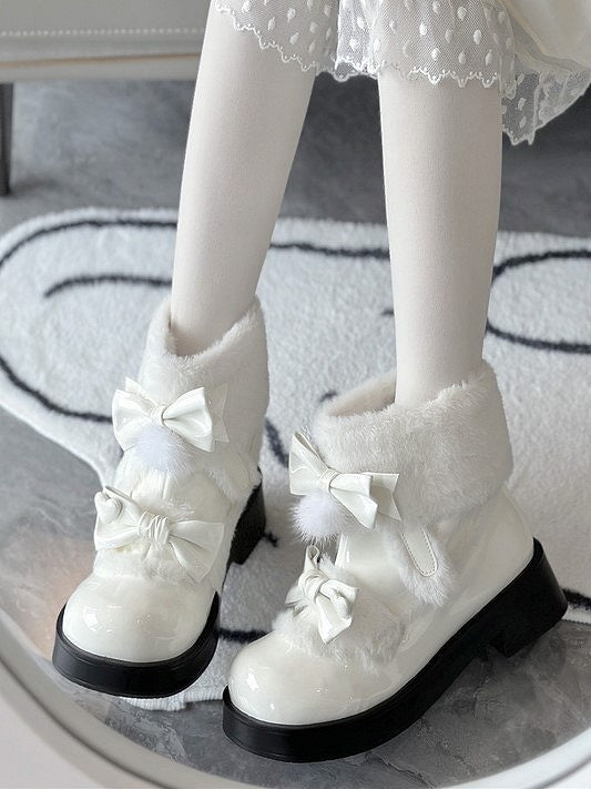 Decor Lolita Lining Boots - Sweet Snow Bow White Fleece