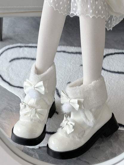Decor Lolita Lining Boots - Sweet Snow Bow White Fleece