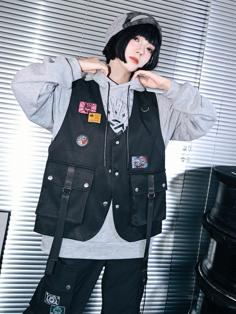 Dark Style Black Cargo Pocket Vest Decorated with Patches - Quirky Hut
