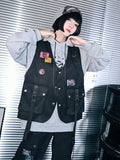 Dark Style Black Cargo Pocket Vest Decorated with Patches - Quirky Hut