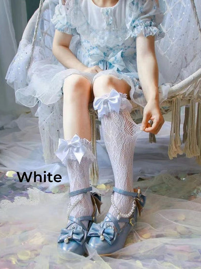 White/Yellow/Black Big Bow Ruffled Lace Cuff Calf Socks