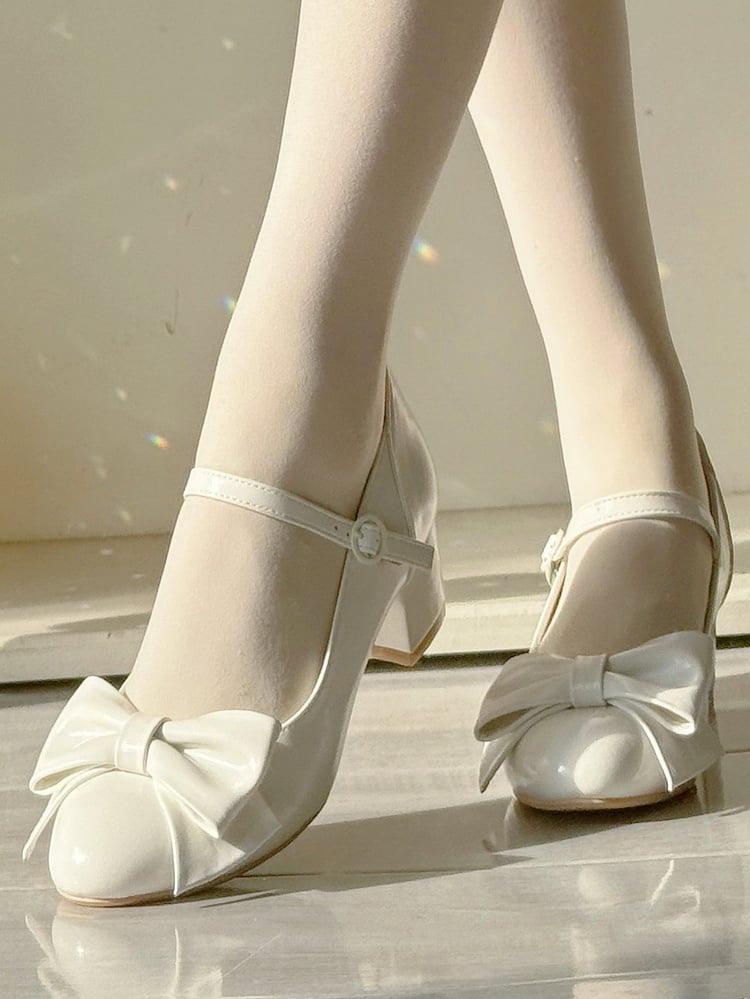 4cm Heeled Elegant Lolita Waxed White Mary Jane Shoes - Bow Decor & Round Snap