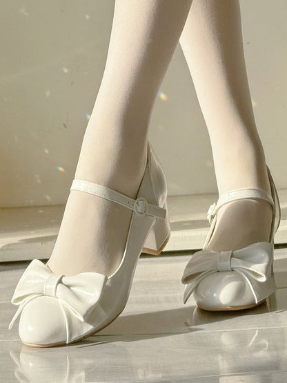 4cm Heeled Elegant Lolita Waxed White Mary Jane Shoes - Bow Decor & Round Snap