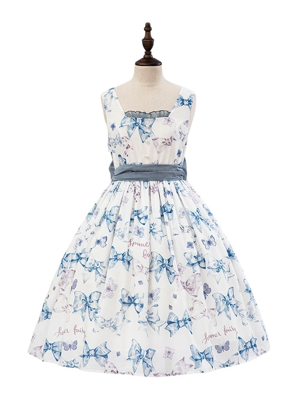 Sweet Bowknots Print Blue High Waist Retao Lolita Dress