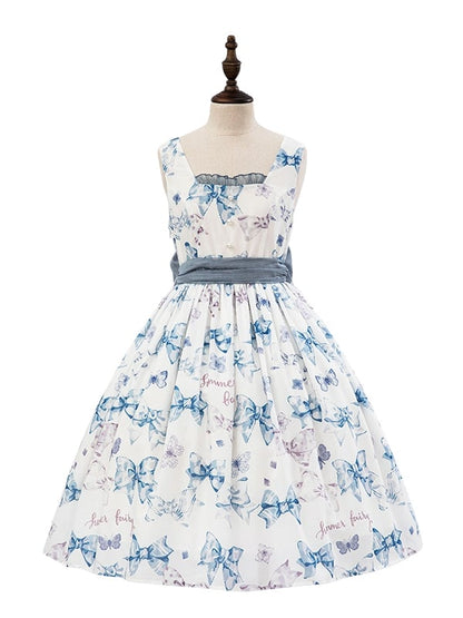 Sweet Bowknots Print Blue High Waist Retao Lolita Dress