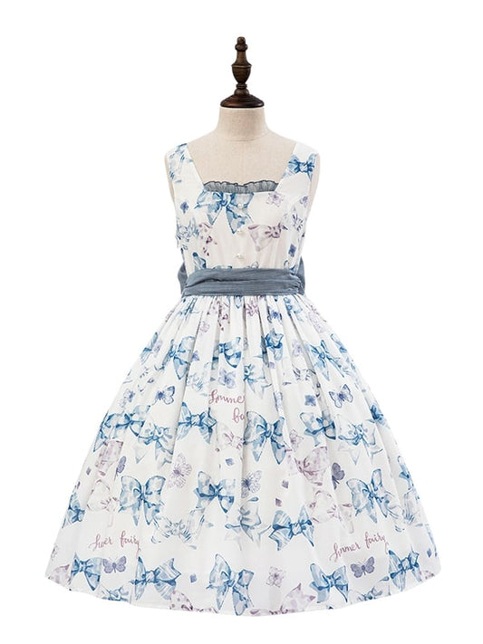 Sweet Bowknots Print Blue High Waist Retao Lolita Dress