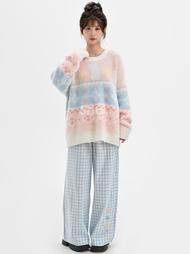 ピンクのかわいいウサギ柄ラウンドネックソフトセーター