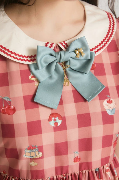 Rotes, hoch tailliertes Lolita-Kleid mit Kirsch- und Dessert-Gingham-Muster
