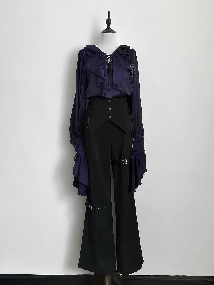 Lilac Lace-Up Ruffle Shirt with Black Flower Chains - Shi Zhi Mao