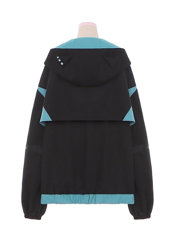 フード付きテックウェア ブラックフューチャリスティックジャケット ブルー＆サイバーパンク