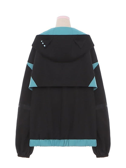 フード付きテックウェア ブラックフューチャリスティックジャケット ブルー＆サイバーパンク