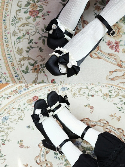 - Lolita Mid Black Heels Sophisticated Square Toe