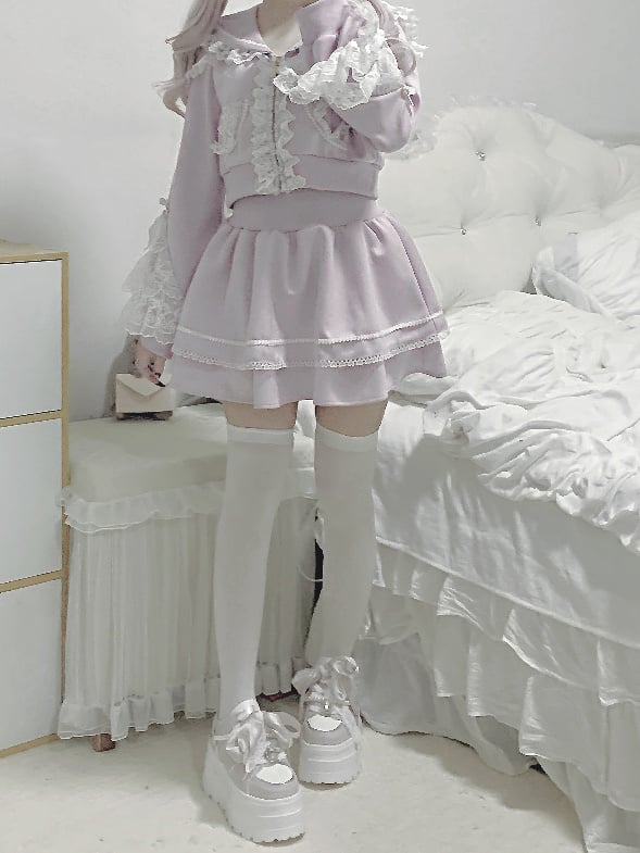 Light Lace Ruffled Hoodie+Lined Closure Jirai Kei Trim Skirt Zip Collar Purple Sports Set- Sailor