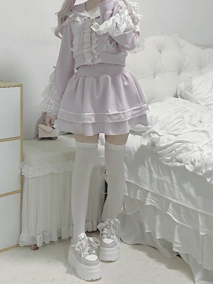 Light Lace Ruffled Hoodie+Lined Closure Jirai Kei Trim Skirt Zip Collar Purple Sports Set- Sailor