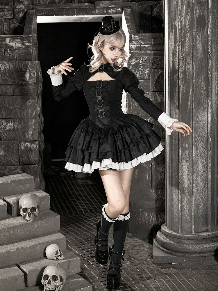 Gothic Lace-Up Lolita OP Gown with Metal Buckle, Short Version and Mini Hat Set - With PUJI