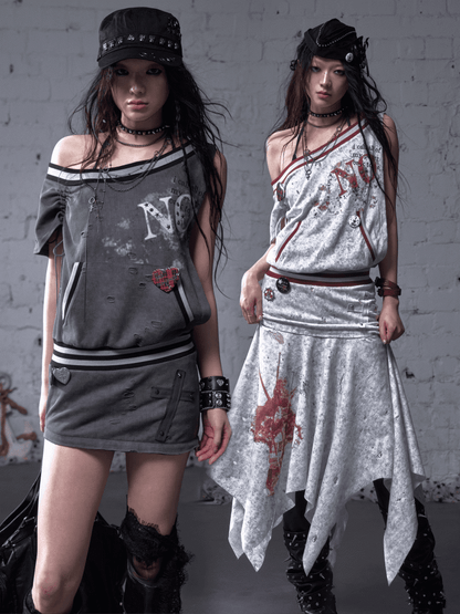 Asymmetrischer Ausschnitt Grau/Weiß Wasteland Punk Distressed Kleid