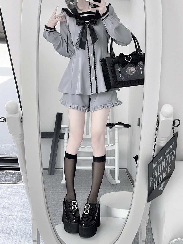 Lilafarbenes Design, Ohren, Krawatte, Jirai-Minikleid + Shorts-Set mit Rüschensaum + Schleife, Dusty Kei, Seemannskragen, Hase