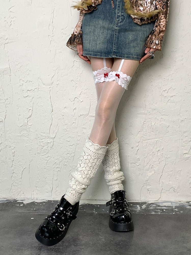 Y2K White Bow Lace Details Suspender Tights