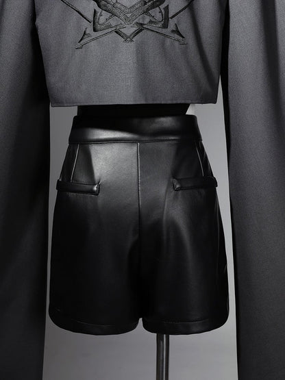 - Size XL Shorts Bodysuit Outfit Ouji Jacket Techwear Black Overlong + Exclusive Sleeves Cropped Leather Lolita Futuristic