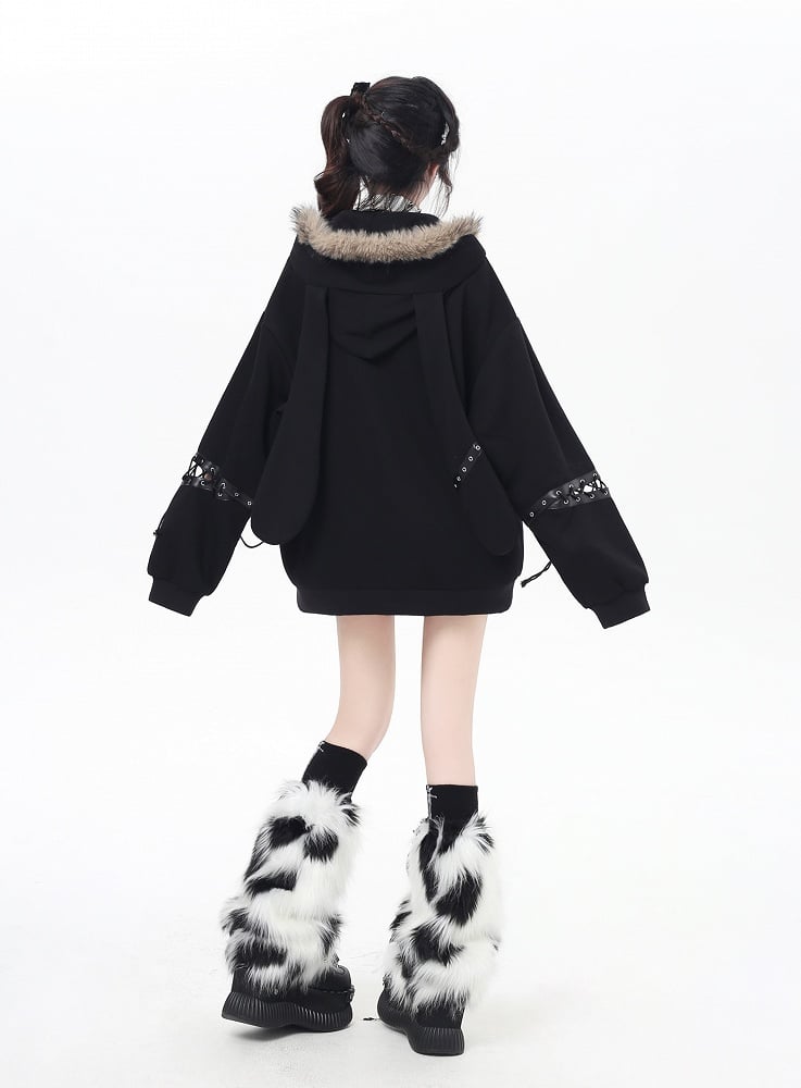 Collar Fur Punk Faux Detail with Lace-Up Coat Khaki/Black Loose