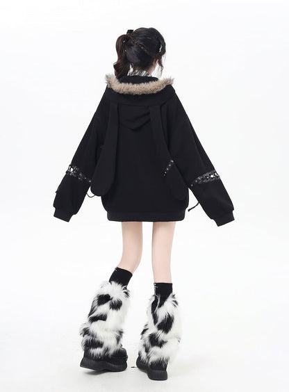 Collar Fur Punk Faux Detail with Lace-Up Coat Khaki/Black Loose