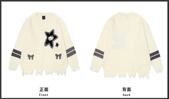 アプリコットキティとスターのディストレストリムVネックセーター