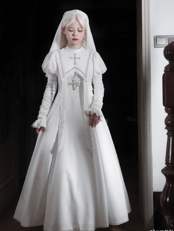 Halloween Kreuzärmeliges Juliette Stickerei Weißes Hammelkeulenkleid / Outfits Nonne Lolita