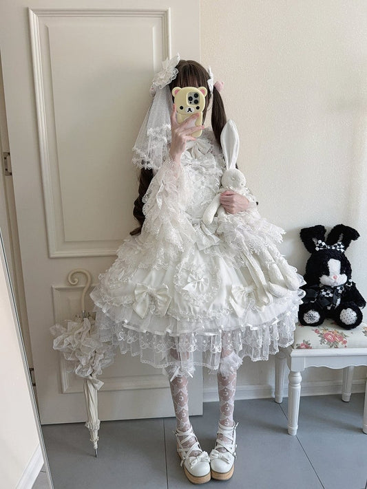 Bow JSK Princess Lolita Heart Full + Train with Doll-Style Lace Details White Veil / Pure Dress Big Set