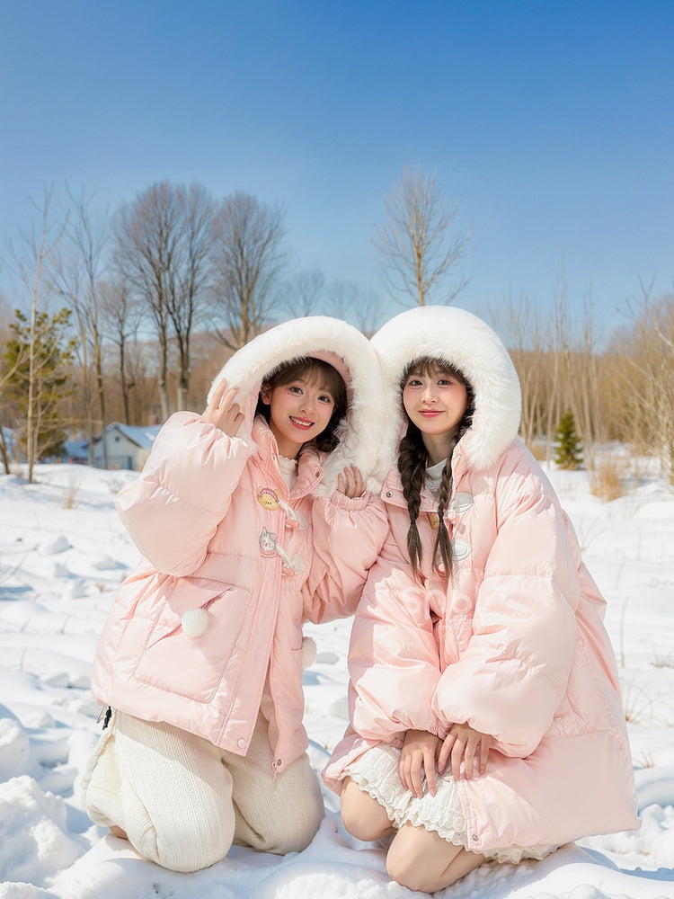 Rosa Daunenmantel mit Kapuze und Plüschbesatz mit süßem Bären und Kätzchen