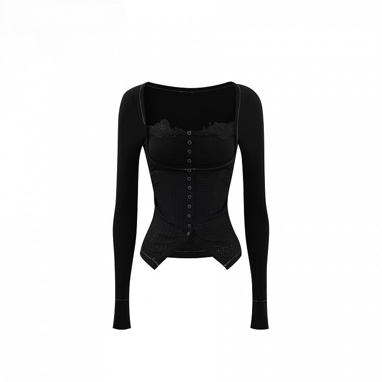 Slim-fitting Sleeve Black Decorated Long - Top Lace Knit